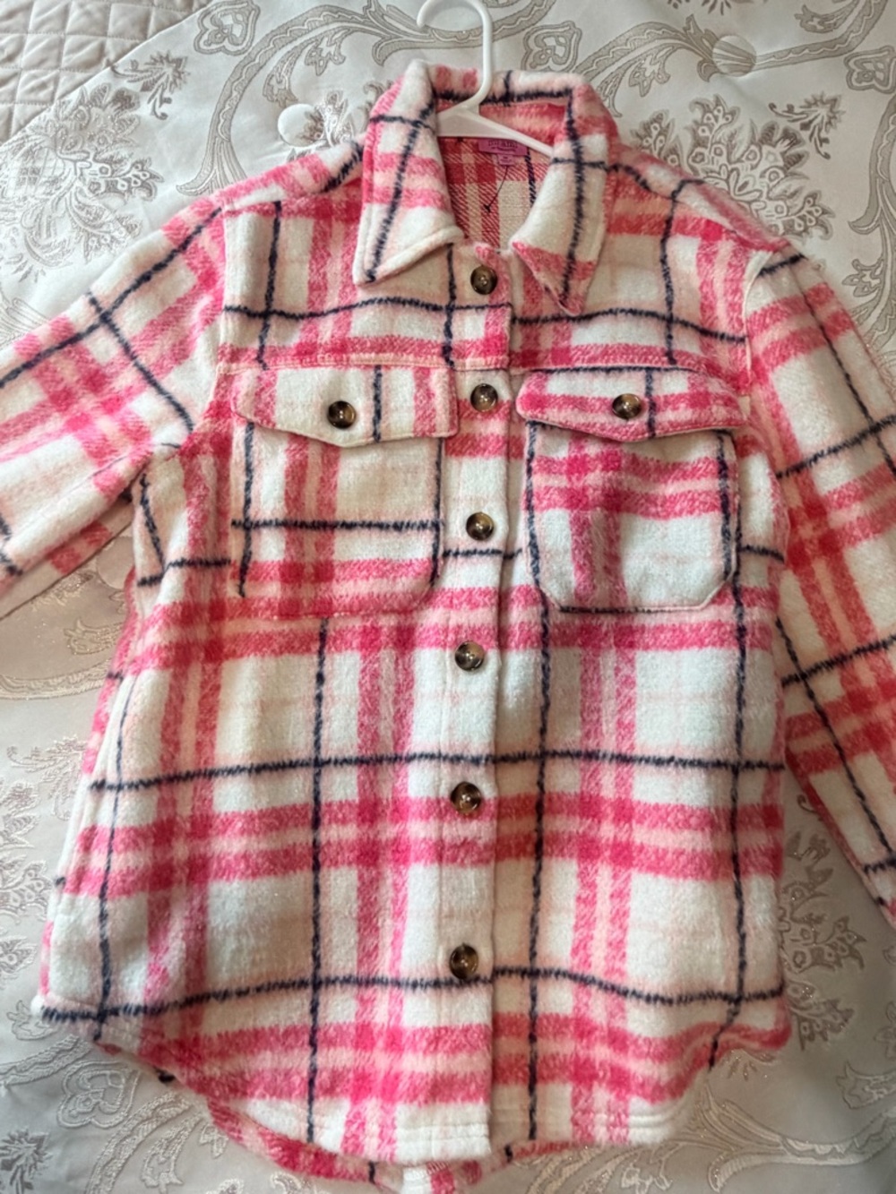 Francesca's Collections Pink and White Plaid Button-Up Shacket